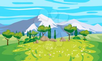 Landscape scenery view, mountaines, green meadow, flowers, trees. Rural nature, travel through countryside. Vector illustration background cartoon style