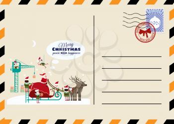 Christmas and New Year Postcard with stamps and mark. Santa sleigh