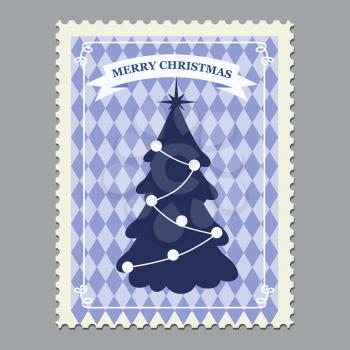 Merry Christmas retro postage stamp with Christmas tree