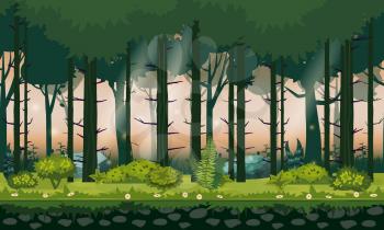 Forest landscape horizontal seamless background for games apps, design. Nature woods, trees, bushes, flora, vector, cartoon style illustration