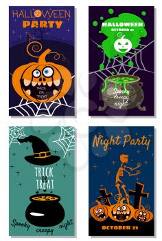 Set Halloween holiday greeting card merry pumpkin, spider web, deads, witch, cemetery, cauldron. Template banner, flyer, poster vector illustration