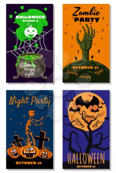 Set Halloween holiday greeting card merry pumpkin, spider web, deads, witch, cemetery, cauldron, bats. Template banner, flyer poster vector illustration
