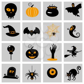 Set Halloween icons and illustrations colorful pumpkins bat, owl, ghost, pot, moons