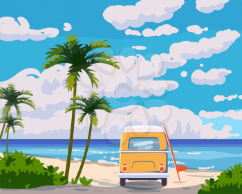 Tropical beach summer resort, seashore sand, palms, waves. Ocean, sea exotical beach landscape, clouds, nature. Vector illustration isolated