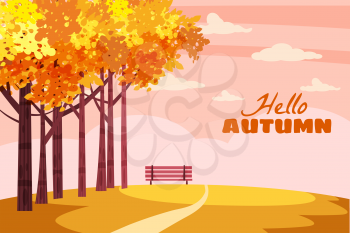 Autumn landscape city park with text Hello Autumn. Fall, trees in yellow orange foliage, alley, path, bench. Vector background illustration, poster, isolated