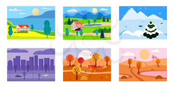 Collection of seasons landscapes winter, spring, summer, autumn. Rural, mountaines, field, city, sea, snow, hot, rain, night. Vector minimalistic flat illustration isolated