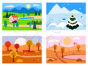 Collection of seasons landscapes winter, spring, summer, autumn. Rural, mountaines, field, city, sea, snow, hot, rain, night. Vector minimalistic flat illustration isolated