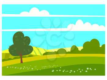 Lovely Countryside landscape spring tree green hills fields, nature, bright color blue sky. Spring, summer country scenery panorama agriculture, farming. Vector illustration cartoon style isolated