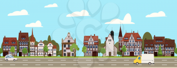 City landscape seamless horizontal illustration. Cityscape historical Center, suburban houses, downtown. Vector cartoon style isolated