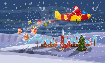 Santa Claus flying on retro airplane delivering gifts in the night sky