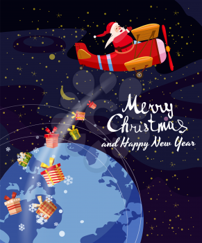 Santa Claus flying on airplane retro with presents vector
