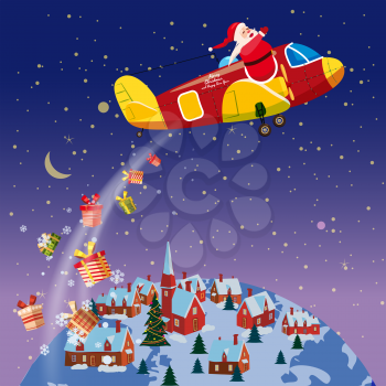 Santa Claus flying on airplane with presents. Vector flat