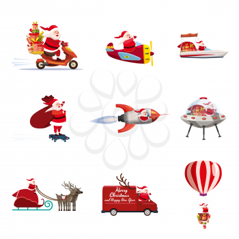 Set of Santa Claus of different types of transport vehicles truck, moped, boat, plane, rocket, UFO, drone, sled, balloon