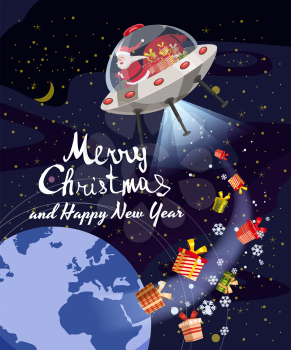 Merry Christmas Santa Claus flying in UFO spaceship flying saucer with gift boxes in space Earh night