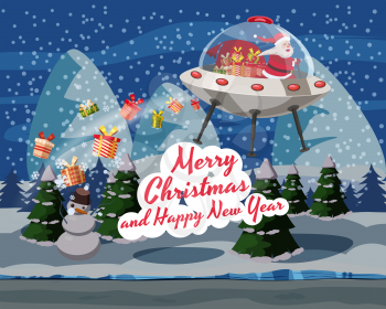 Merry Christmas Santa Claus flying in UFO spaceship flying saucer with gift boxes on forest winter night.