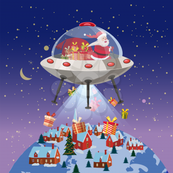 Merry Christmas Santa Claus flying in UFO spaceship flying saucer with gift boxes on little town winter night.