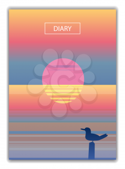Cover diary background design template for book, notebook, flyer, banner, poster, card. Abstract seascape ocean sunset view , seagull minimalist style. Vector illustration isolated