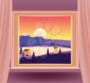 Open window interior home with a sunset sea ocean landscape, mountains, houses, trees, exotic. Tropic summer landscape from view the window with curtain. Vector illustration flat cartoon style