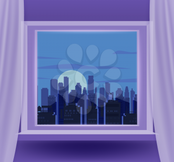Open window interior home with a night cityscape, city view, street skyscrapers, buildings. Night moon mood landscape from view the window with curtains. Vector illustration flat cartoon style