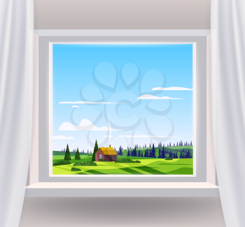 Open window interior home with a rural landscape view nature. Country spring summer landscape from view the window of house farm green meadow fields panorama. Vector illustration flat cartoon style