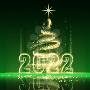 Happy New Year 2022. Merry Christmas tree gold lights dust decoration, golden blurred magic glow on green background. Merry Christmas holiday celebration. Vector illustration banner greeting card isolated