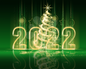 Happy New Year 2022. Merry Christmas tree gold lights dust decoration, golden blurred magic glow on green background. Merry Christmas holiday celebration. Vector illustration banner greeting card isolated