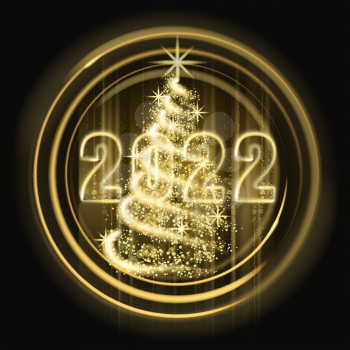 Merry Christmas and Happy New Year 2022, tree gold lights dust decoration, golden blurred magic glow on dark background. Merry Christmas holiday celebration. Vector illustration banner greeting card isolated