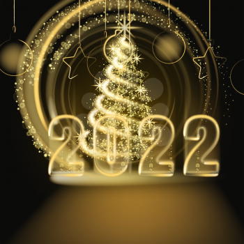 Happy New Year 2022. Merry Christmas tree gold lights dust decoration, golden blurred magic glow on black background. Merry Christmas holiday celebration. Vector illustration banner greeting card isolated
