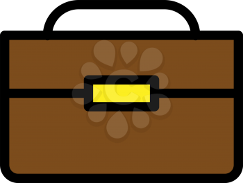 A unopened bag or box of brown color made out of wood with handle and a bright yellow square buckle vector color drawing or illustration 