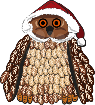 A brown owl is decorated in the Christmas themed clothes vector color drawing or illustration 