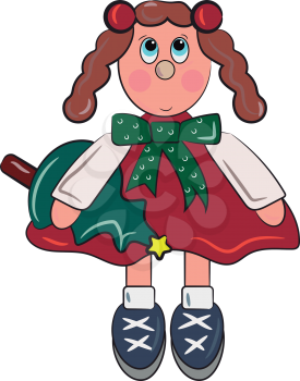 A doll in red dress is holding a Christmas tree in her hand vector color drawing or illustration 