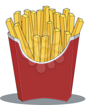 A serving of long crispy potato fries in red paper serving box vector color drawing or illustration 