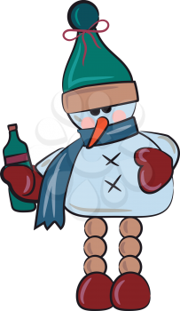 A snowman dressed in blue scarf & cap is holding a bottle of drink vector color drawing or illustration 