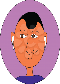 Caricature of a man with airpods inside pink elipse vector illustration on white background.