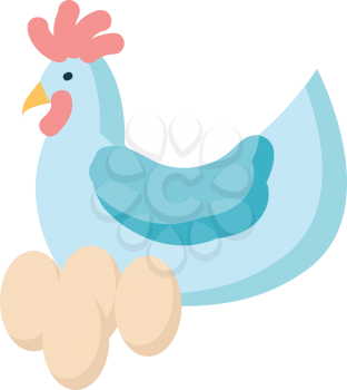Light blue chicken with four white eggs vector illustration on white background.