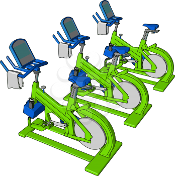 Three stationary bicycle kept in health club in parallel row to train people daily indoor work out exercise and cycling for both man and woman vector color drawing or illustration