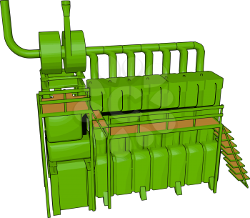 A green colored machine looks like some pump engine having different compartments and boxes with one short ladder vector color drawing or illustration