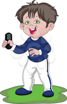 Vector illustration of happy young boy holding remote control.