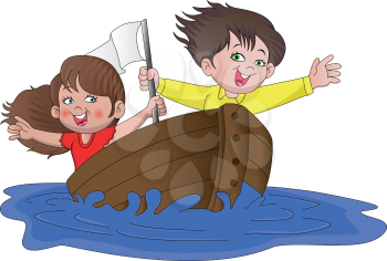 Vector illustration of happy boy and girl traveling on boat.