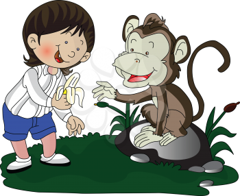 Vector illustration of a smiling girl giving peeled banana to monkey.