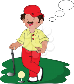 Vector illustration of golfer dreaming on golf course.