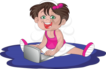 Vector illustration of happy little girl using laptop.