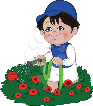 Vector illustration of little girl watering plants with hose at garden.