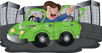 Vector illustration of happy man waving while driving car.