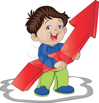 Vector illustration of boy holding upward arrow sign, representing business success.