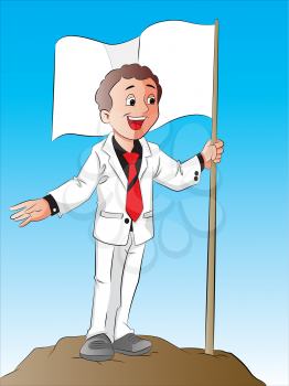 Vector of happy and successful businessman standing alongside a green flag.