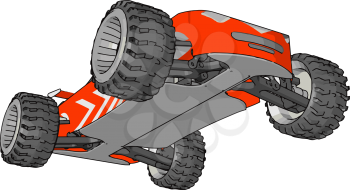 An orange colored mini toy car with four black wheels is riding on floor vector color drawing or illustration