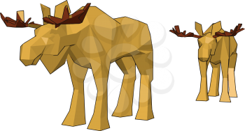 Two yellow colored reindeers toy either made up of stone wood or plastic in walking position vector color drawing or illustration