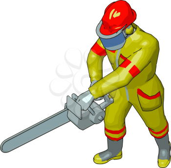 A worker with its full uniform cutting some thing with a hand cutter very efficiently vector color drawing or illustration