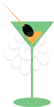 A tall mocktail glass containing an olive and a beverage vector color drawing or illustration